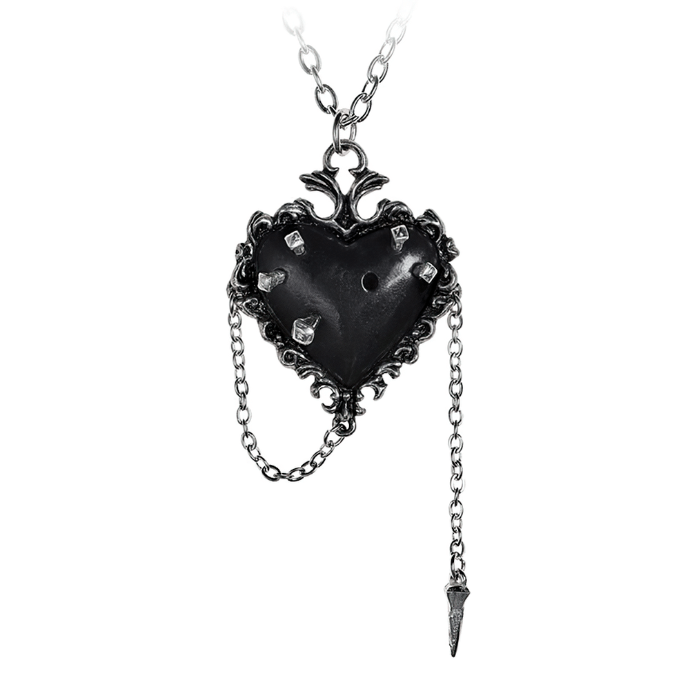 Gothic Black Pewter Voodoo Witches Heart Pendant with ornate detail and dangling nail, perfect for dark fashion and rituals.