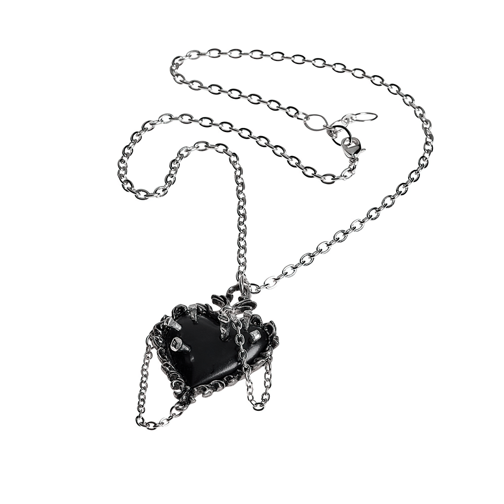 Gothic black pewter witches heart pendant with chain and nail details, perfect for rituals and dark fashion.