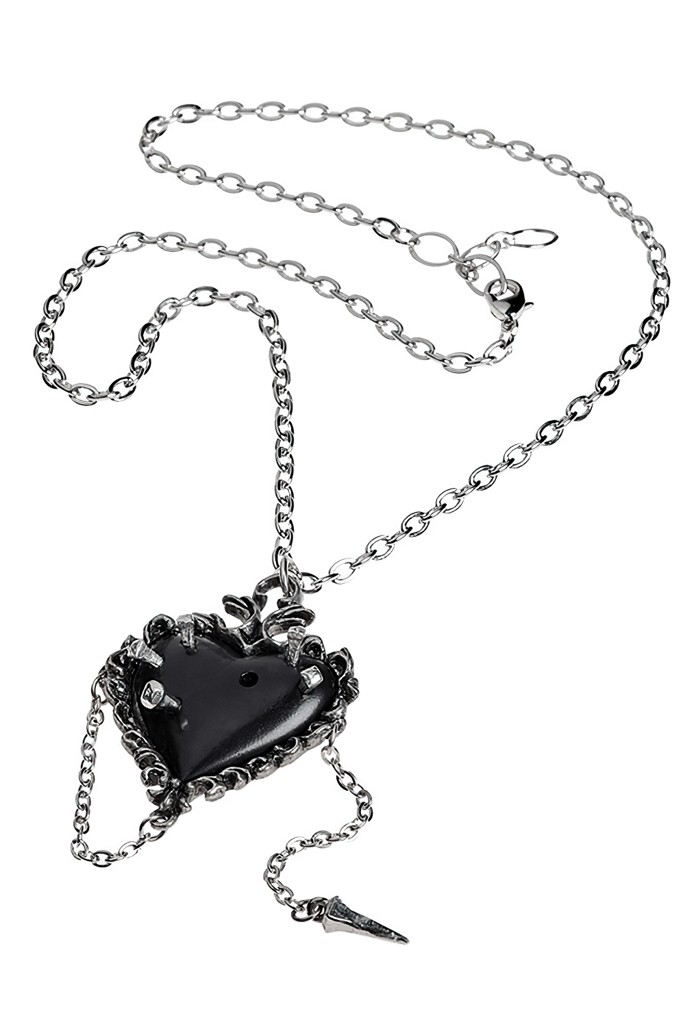 Gothic black pewter heart pendant with chain and nail details, perfect for shadow magic and unique jewelry fashion.