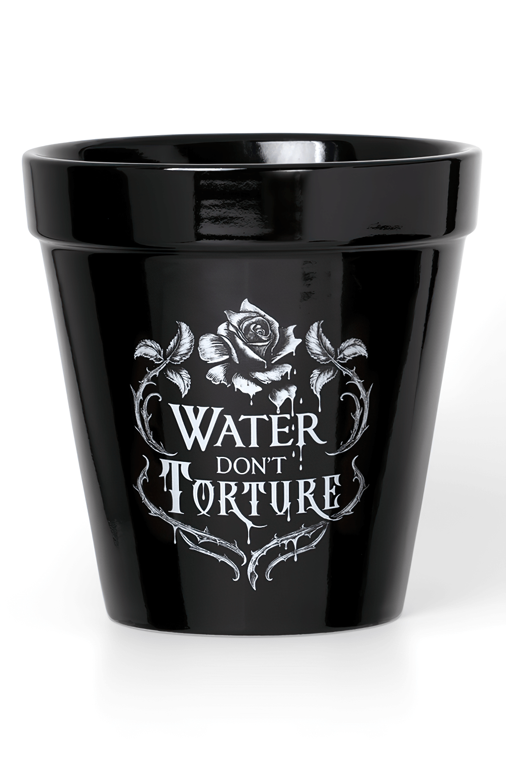 Gothic black ceramic plant pot with 'Water Don't Torture' and rose design, perfect for dark gardens.