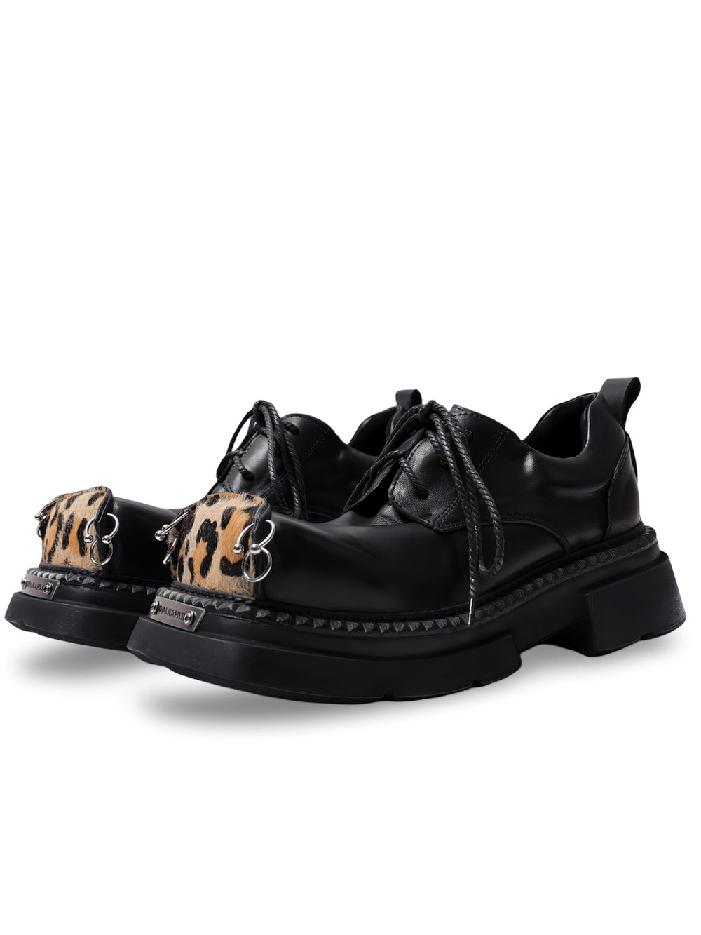 Gothic Black Platform Derby Shoes with Leopard Toe Caps, punk lace-up oxfords with metal rings and chunky soles