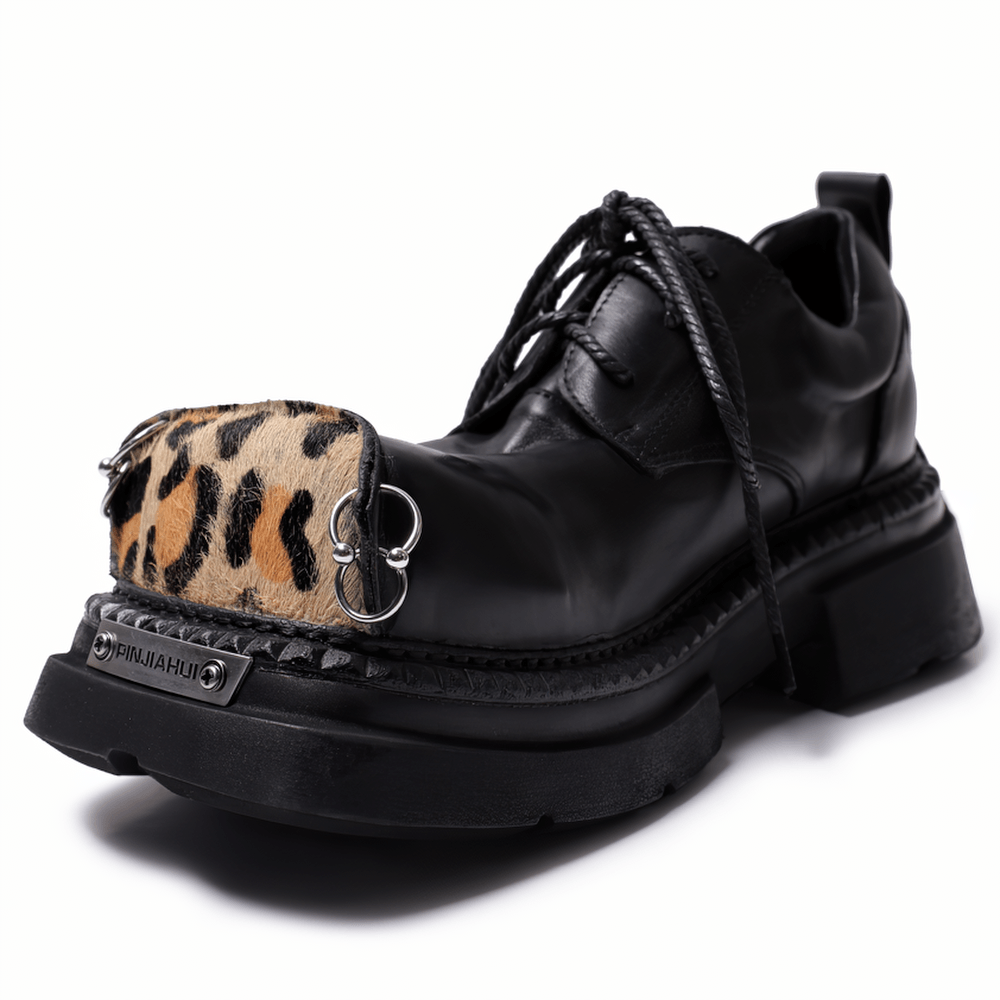 Gothic Black Platform Derby Shoes with Leopard Toe Caps, punk lace-up oxford with metal rings and chunky sole