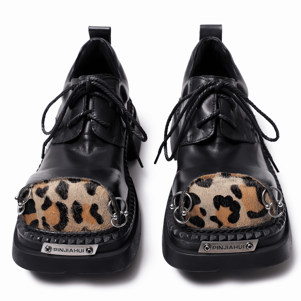 Gothic Black Platform Derby Shoes with Leopard Toe Caps, punk lace-up oxfords with metal rings