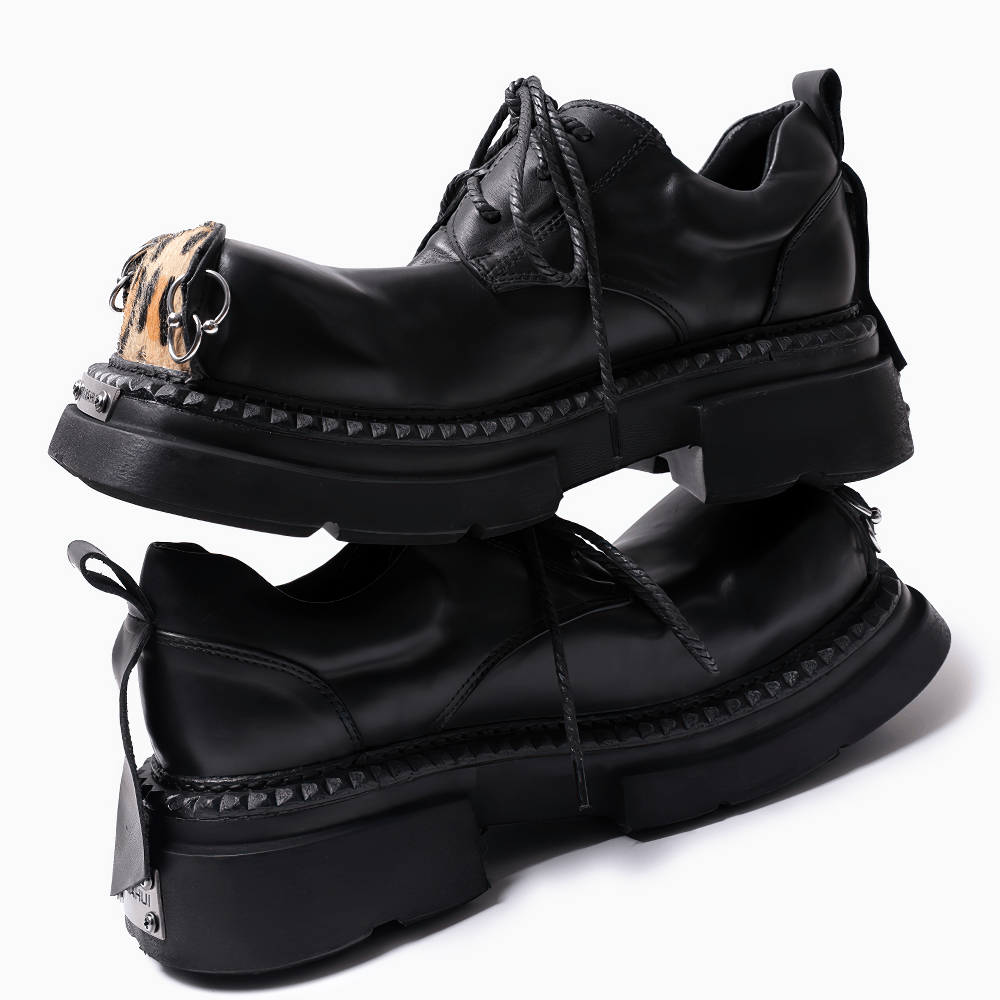 Gothic Black Platform Derby Shoes with Leopard Toe Caps - punk lace-up oxfords with metal rings