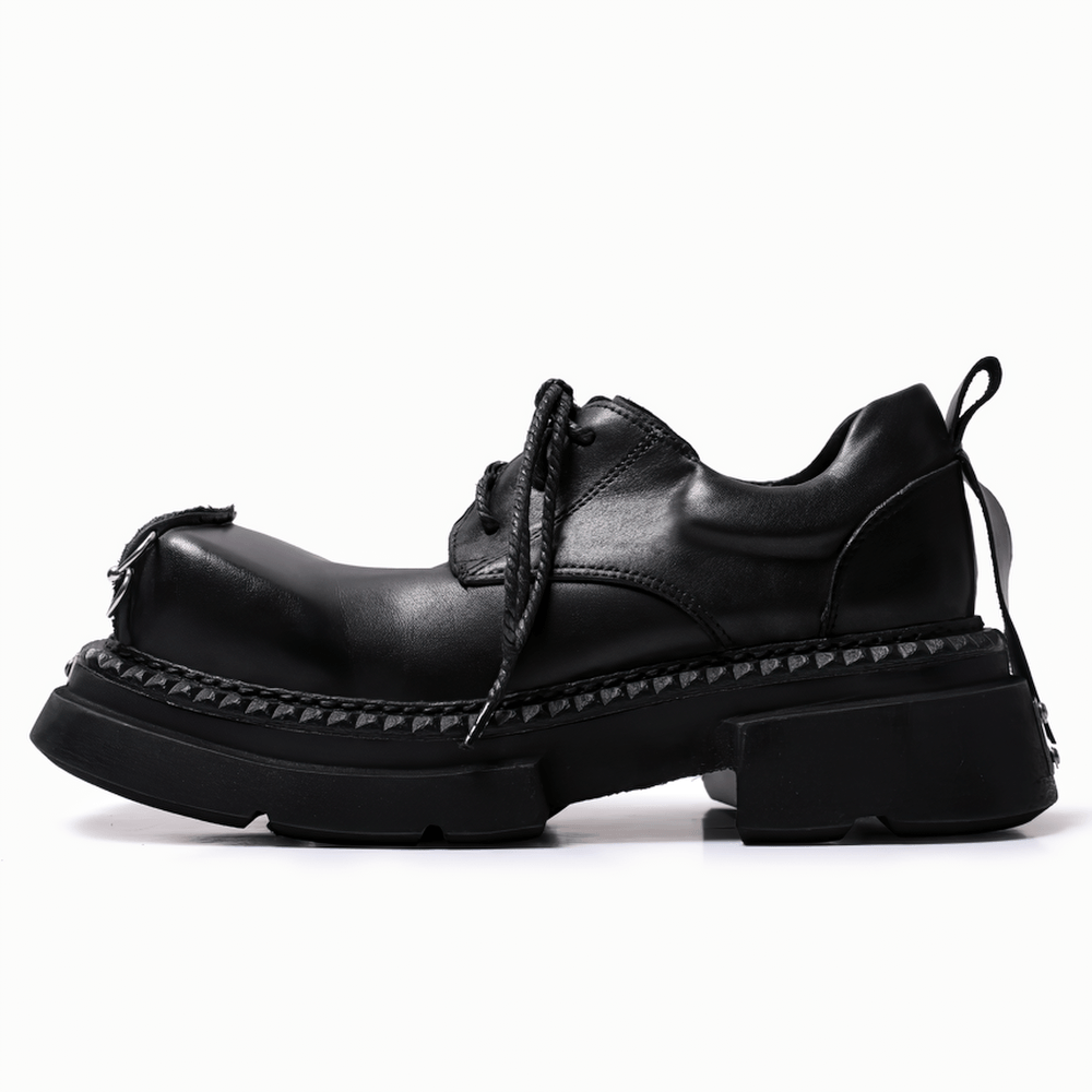 Gothic Black Platform Derby Shoes with Leopard Toe Caps, punk lace-up oxford with chunky sole and metal rings