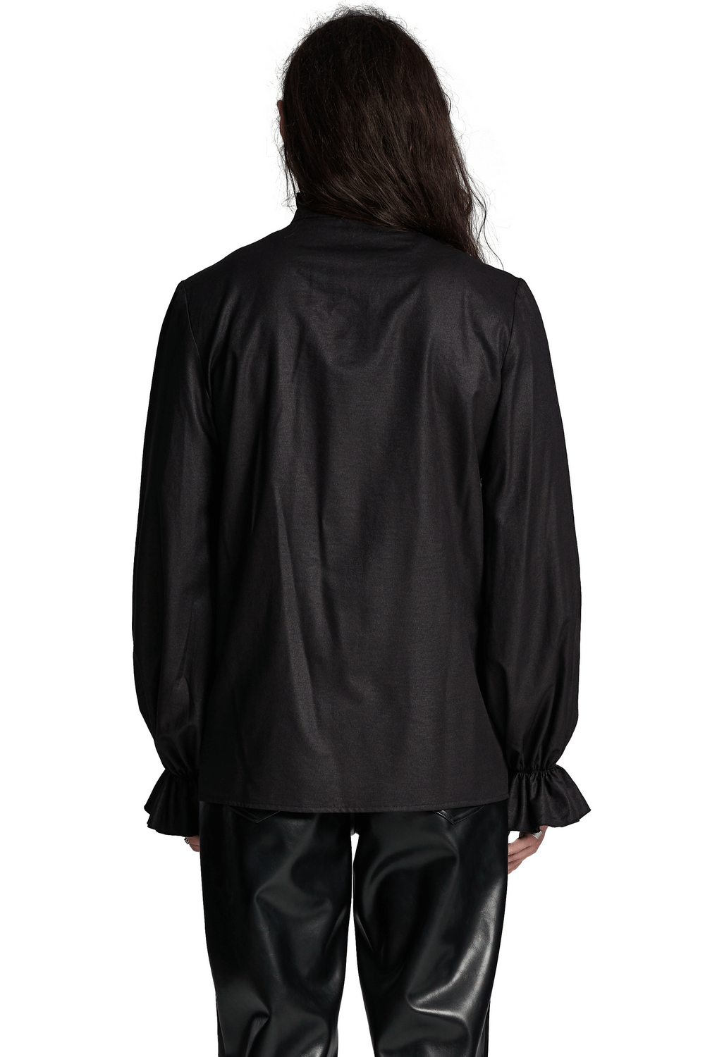 Back view of Gothic black pleated shirt with ruffled cuffs, showcasing sleek design and textured fabric. Perfect for Gothic fashion enthusiasts.