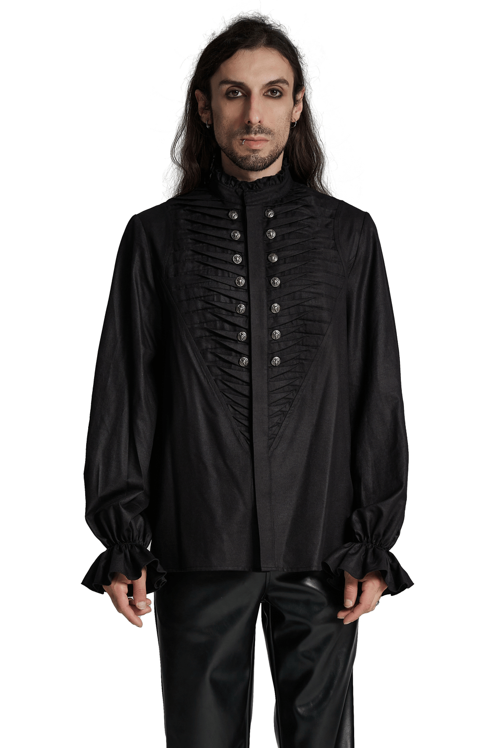 Gothic black pleated shirt with metal beast head buttons, featuring ruffled cuffs and intricate detailing for men.