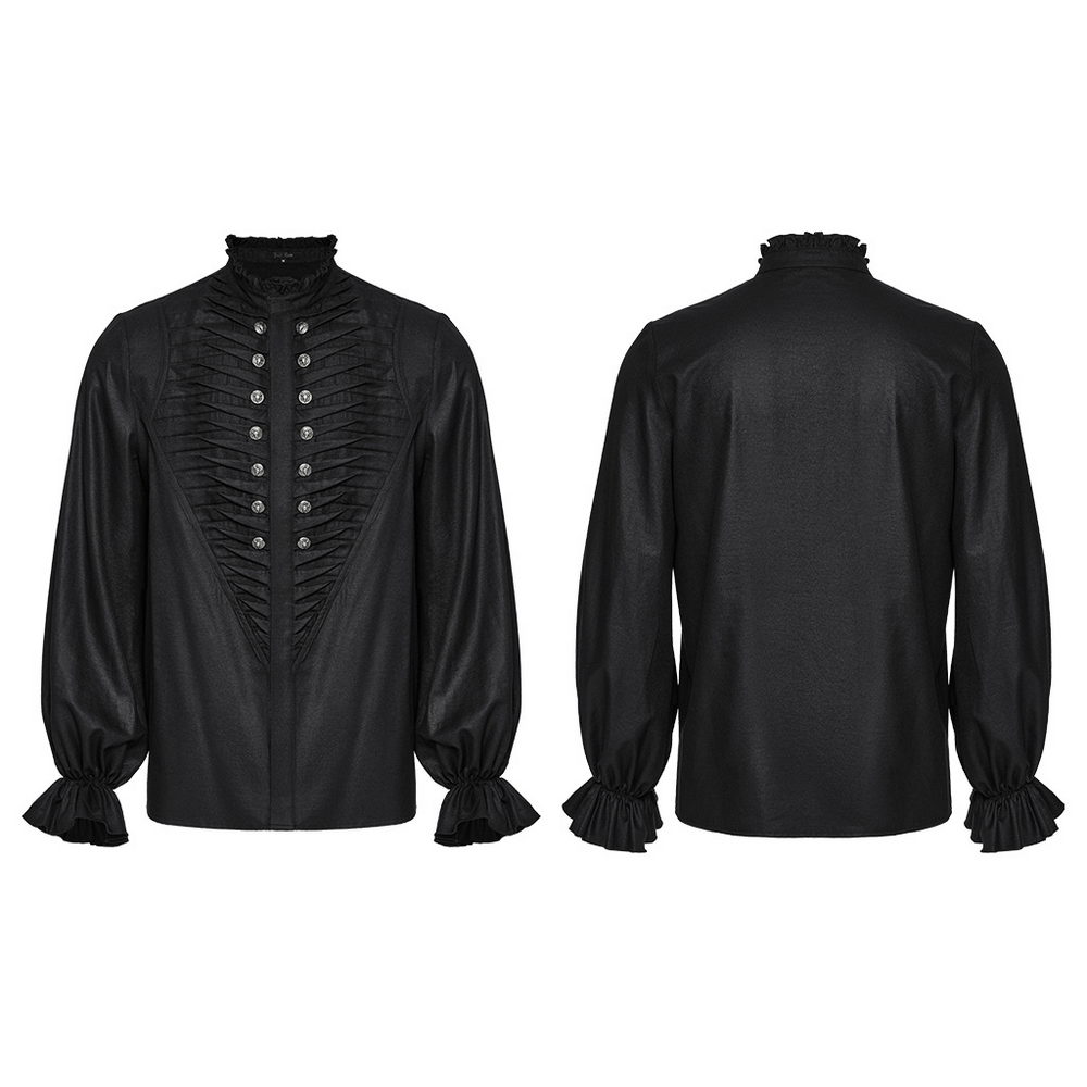 Gothic black pleated shirt featuring metal beast head buttons and ruffled cuffs for a dark, elegant style.