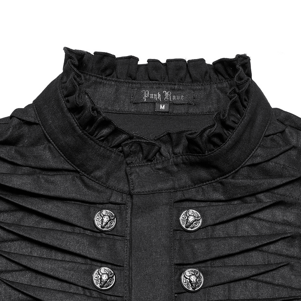 Gothic black pleated shirt collar with ruffled edges and metal beast head buttons, perfect for dark fashion enthusiasts.