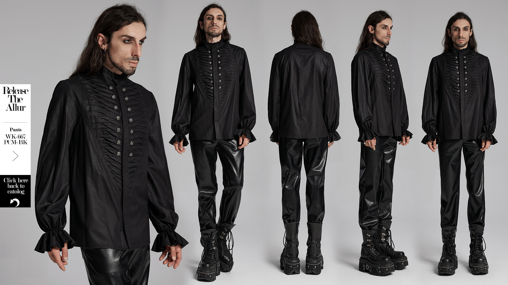 Gothic black pleated shirt with metal beast head buttons, featuring ruffled cuffs and elegant textured fabric.