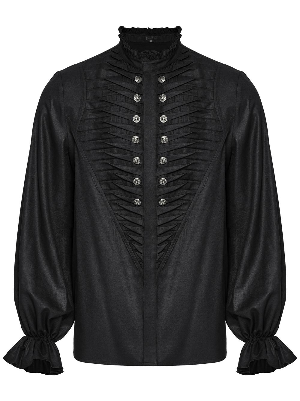 Gothic black pleated shirt with 3D pleating and metal beast head buttons for men, featuring ruffled cuffs and collar.