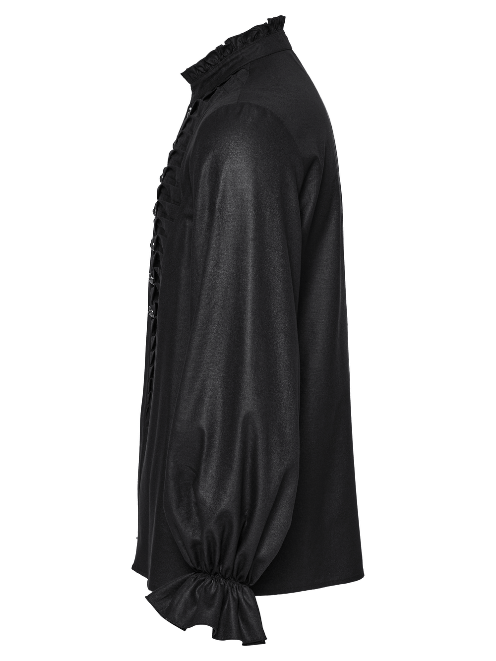 Side view of Gothic black pleated shirt with ruffled collar and cuffs, featuring unique 3D pleating and beast head buttons.