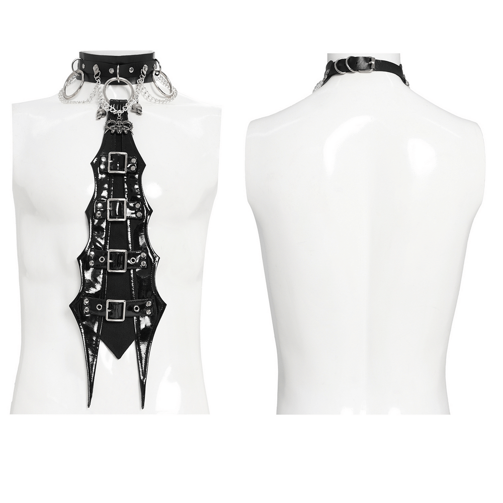 Gothic Black PU Choker with Chains and Buckle Accents showcasing dramatic pointed design and multiple buckles.