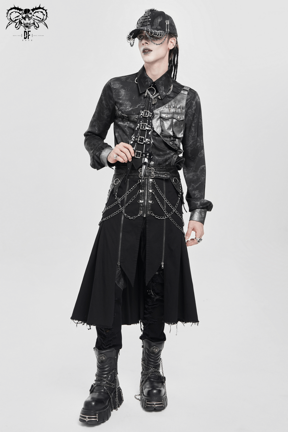 Gothic Black PU Choker with Chains and Buckle Accents worn with punk-inspired outfit featuring chains and dramatic silhouette.