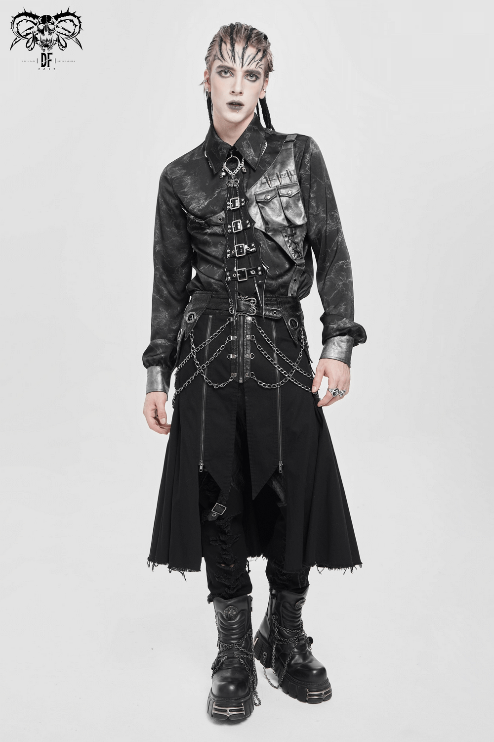 Gothic Black PU Choker with Chains and Buckle Accents worn with edgy attire and studs for a punk-inspired look.