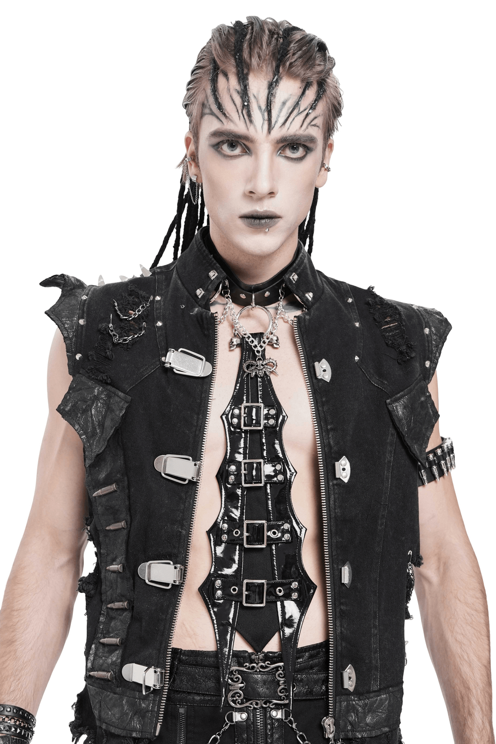 Gothic Black PU Choker with Chains and Buckle Accents worn by a model in punk fashion, showcasing edgy style.