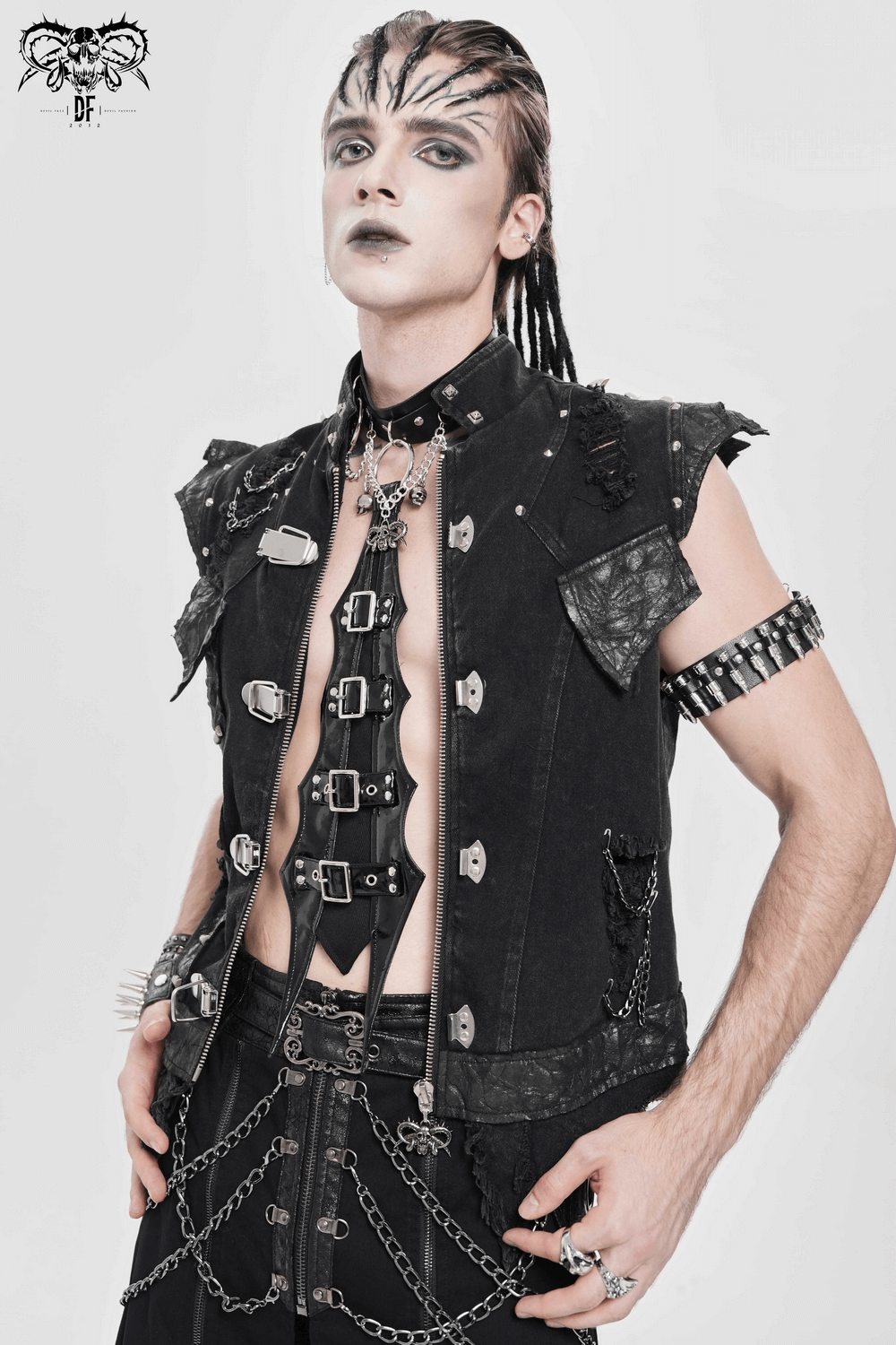 Gothic Black PU Choker with Chains and Buckle Accents worn by a model in punk fashion.