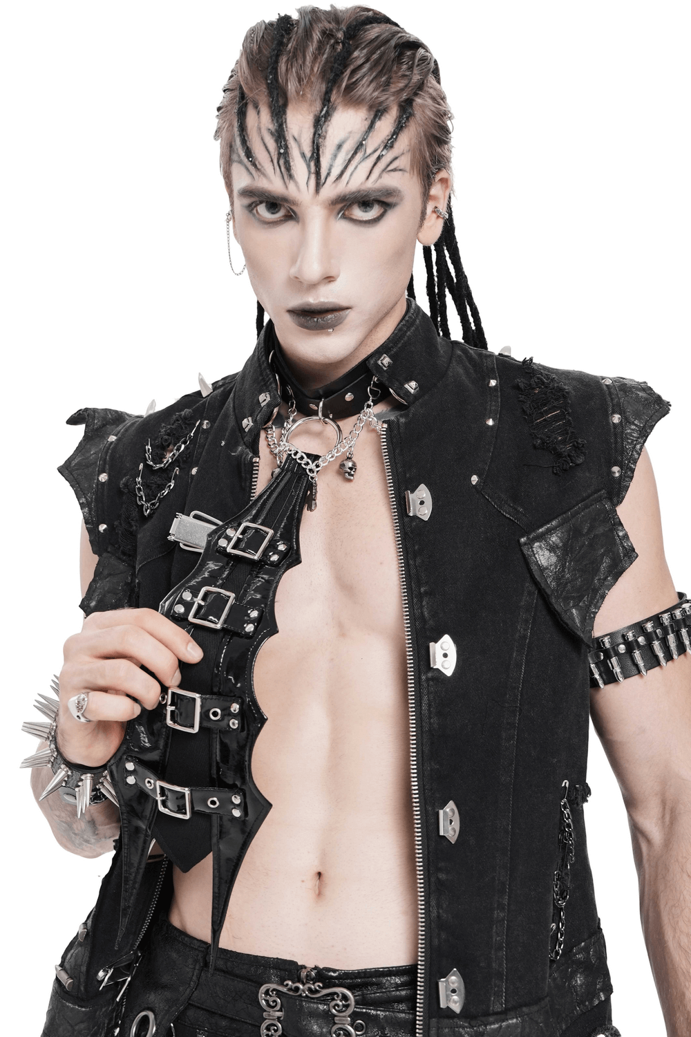 Gothic Black PU Choker with Chains and Buckle Accents worn by an alternative fashion model in a dramatic pose.