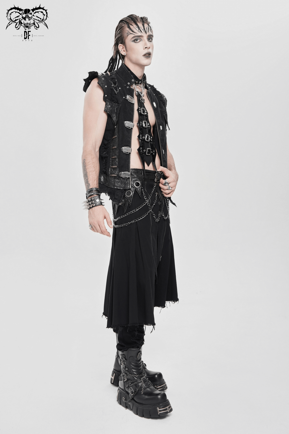 Gothic Black PU Choker with Chains and Buckle Accents worn by model in punk outfit with chains and studs.