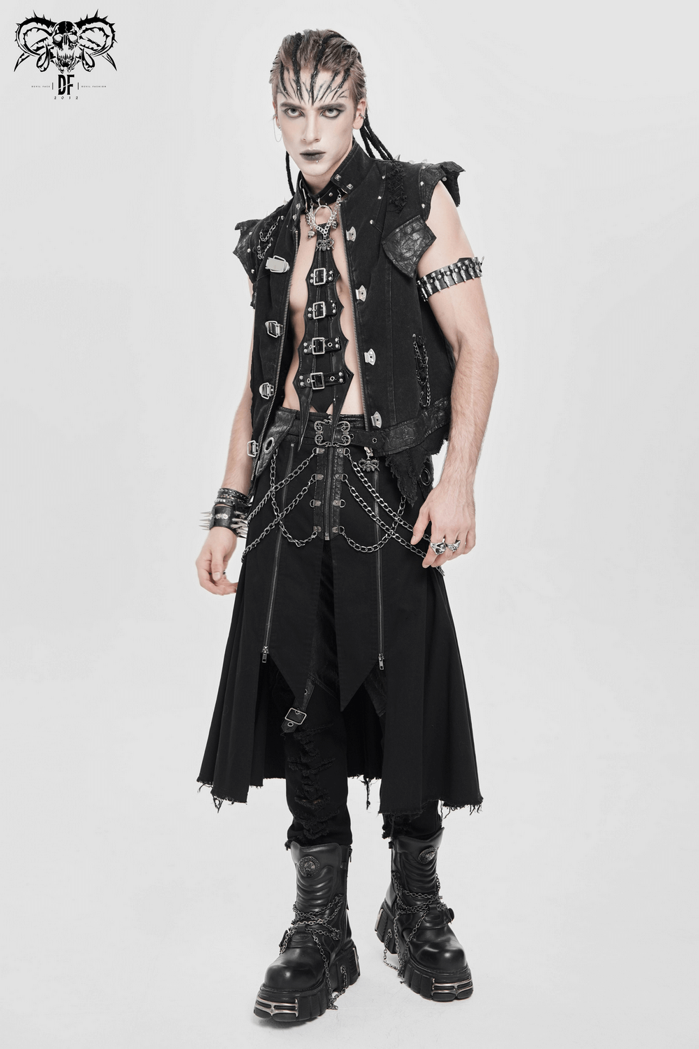 Gothic Black PU Choker with Chains and Buckle Accents worn by a model in punk fashion