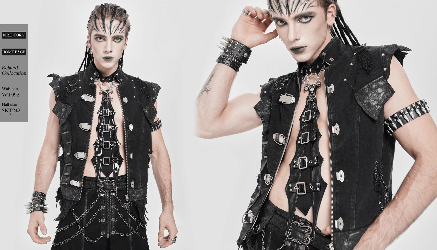 Gothic Black PU Choker with Chains and Buckle Accents worn by a model showing punk style with dramatic accessories.