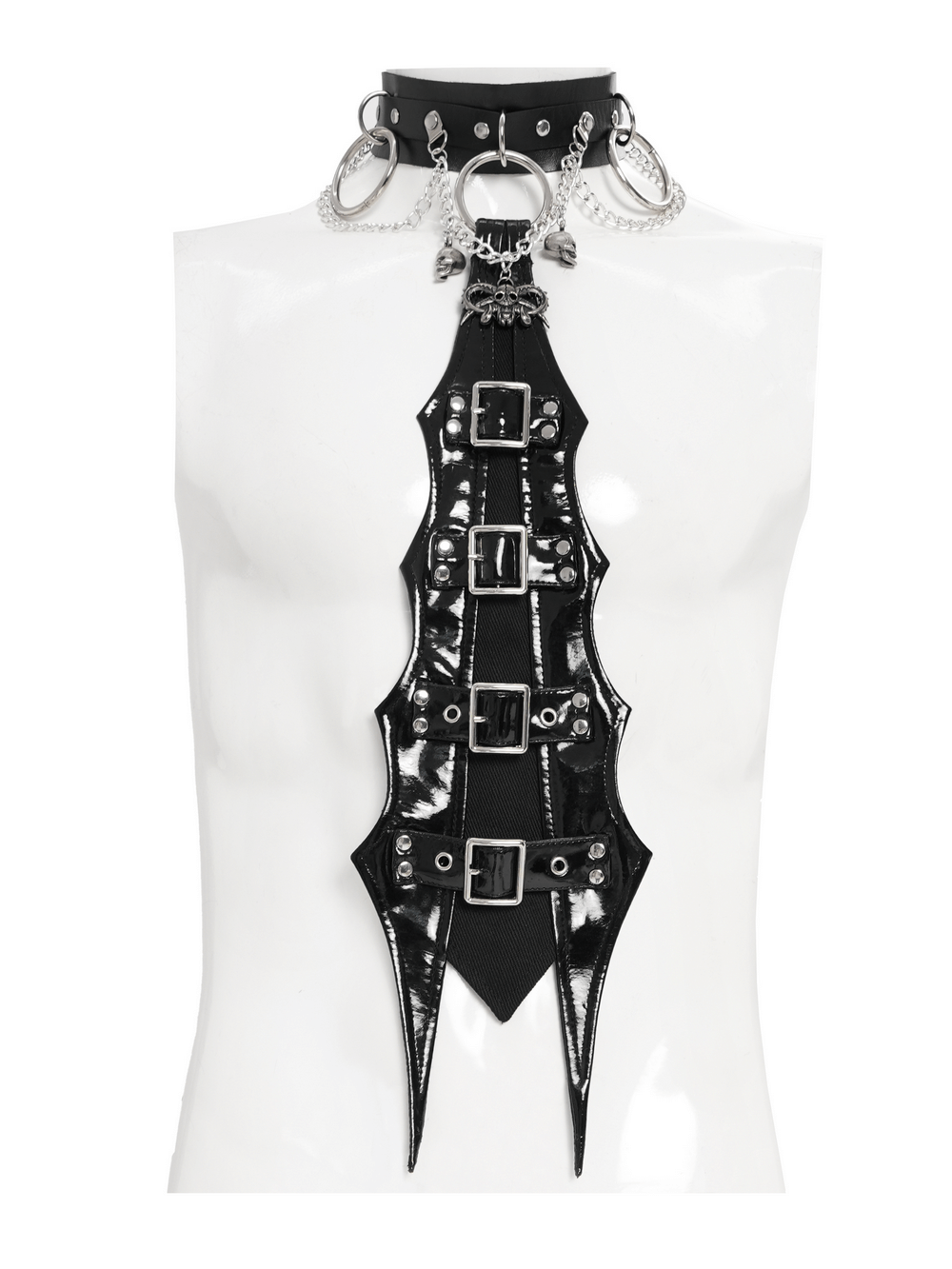 Gothic Black PU Choker with Chains and Buckle Accents featuring silver-tone details and adjustable straps.