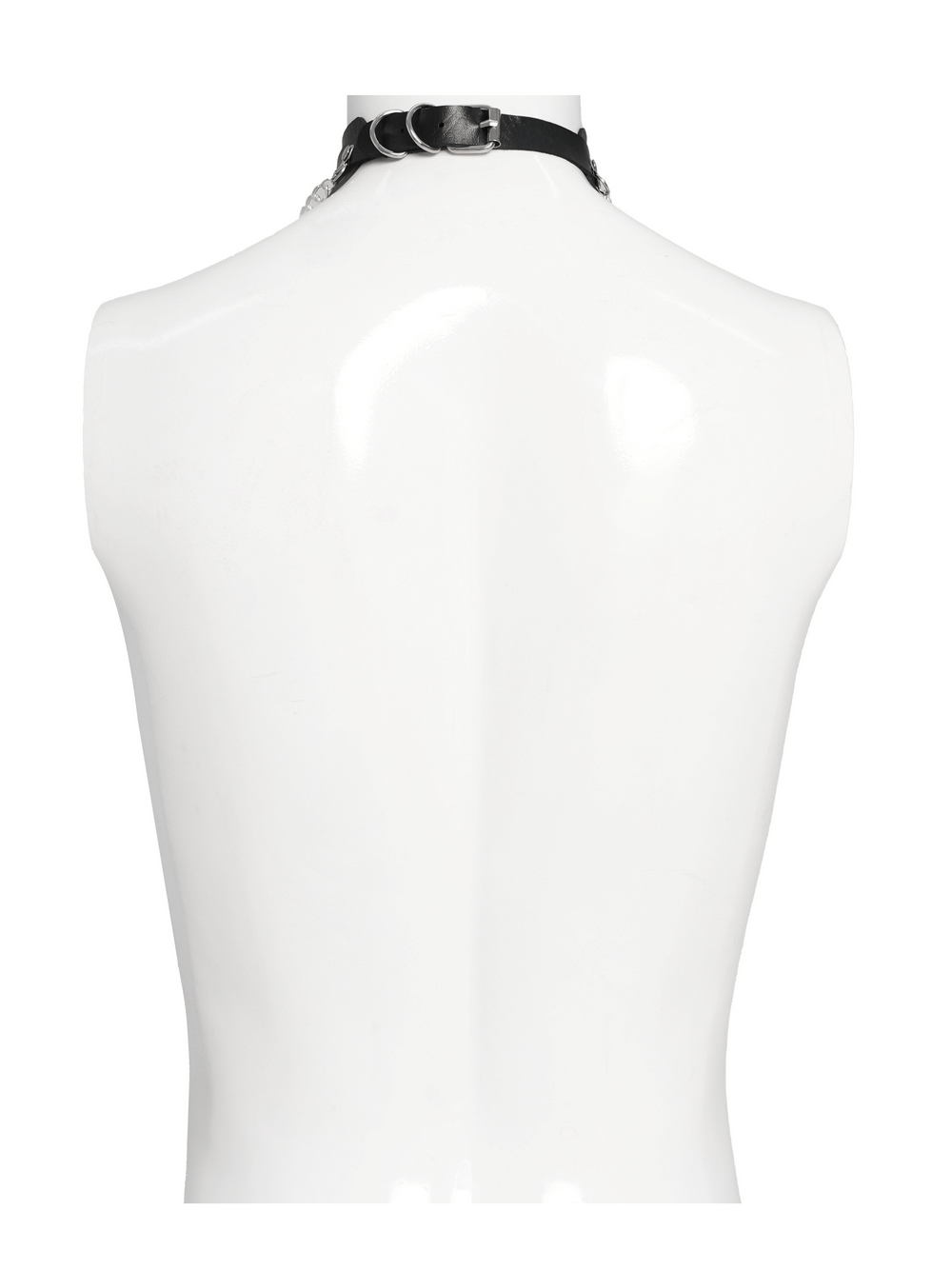 Gothic Black PU Choker with Chains and Buckle Accents displayed on a mannequin, showcasing the back view design.