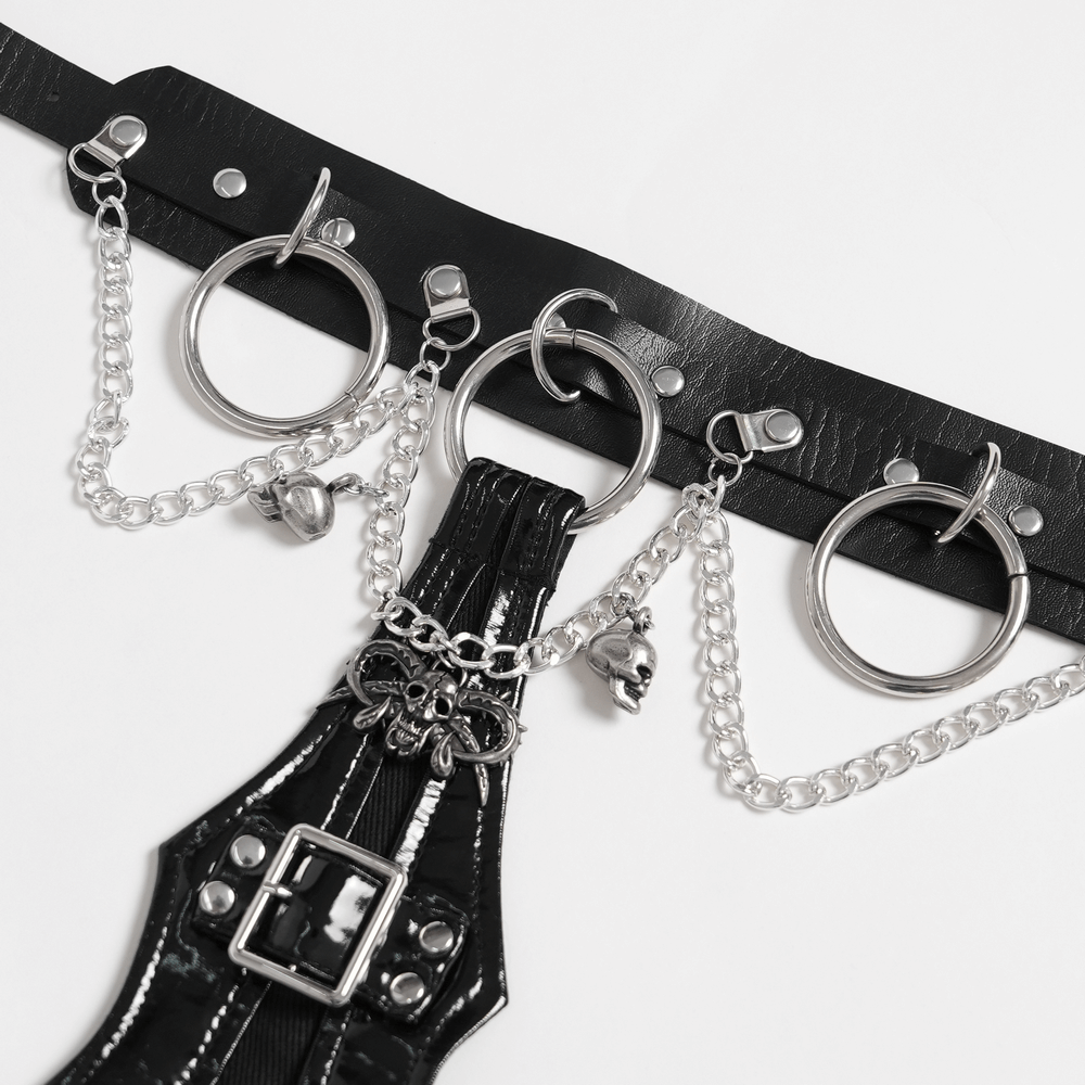 Gothic Black PU Choker with Chains and Buckle Accents featuring metal rings and skull charms.