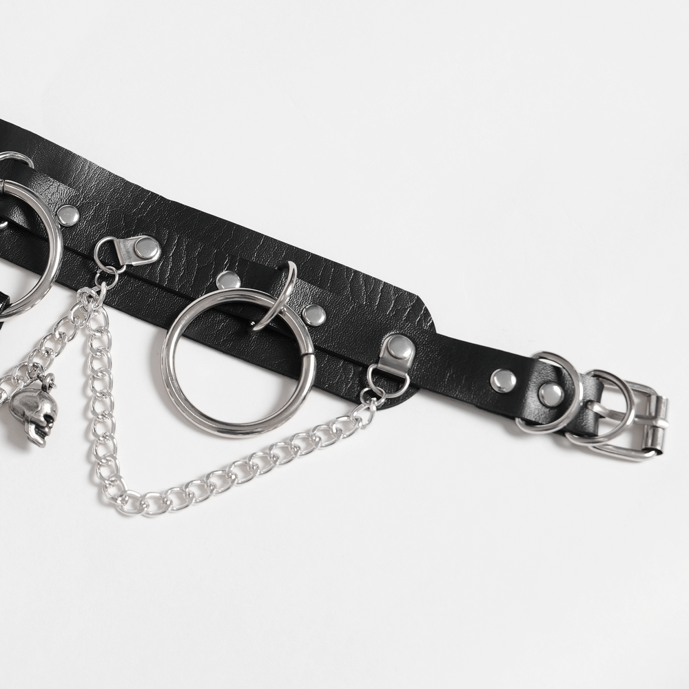 Gothic Black PU Choker with Chains and Buckle Accents featuring metal rings and skull charms.
