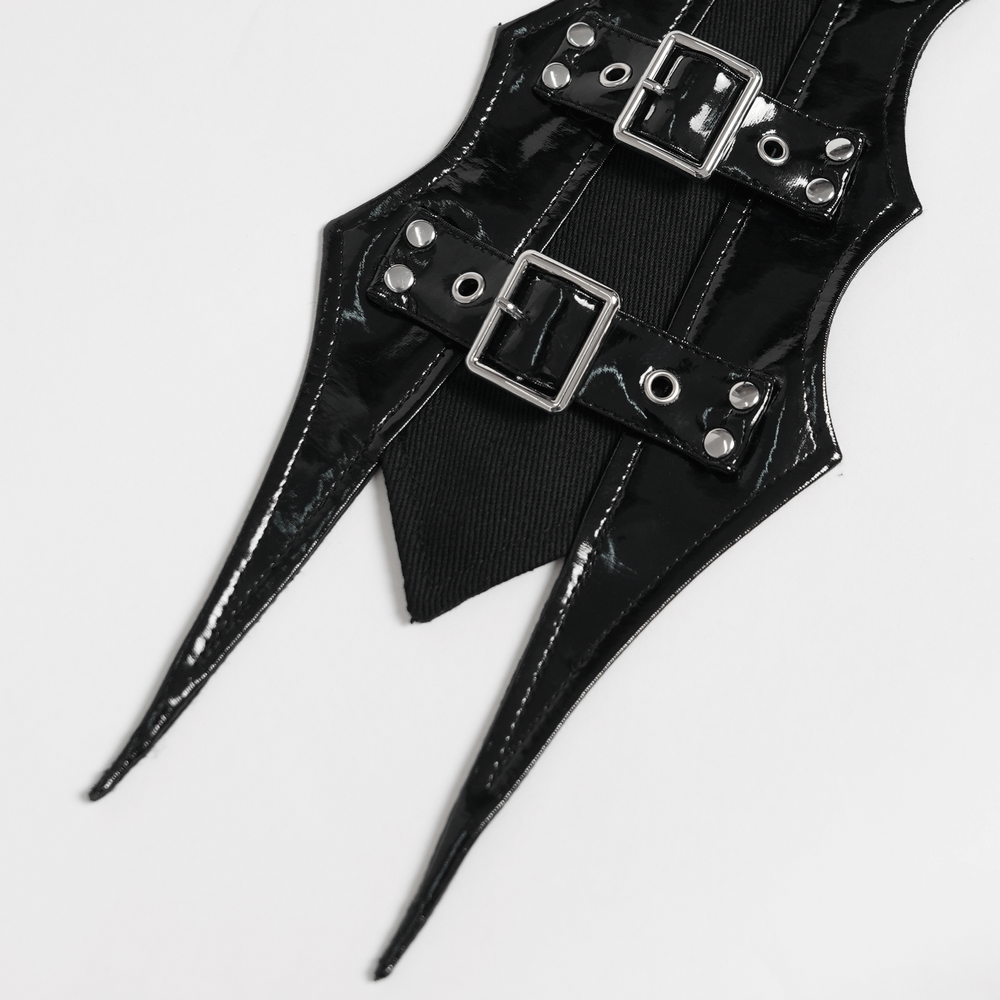 Gothic Black PU Choker with Chains and Buckle Accents showcasing dramatic buckle details and pointed panel edges.