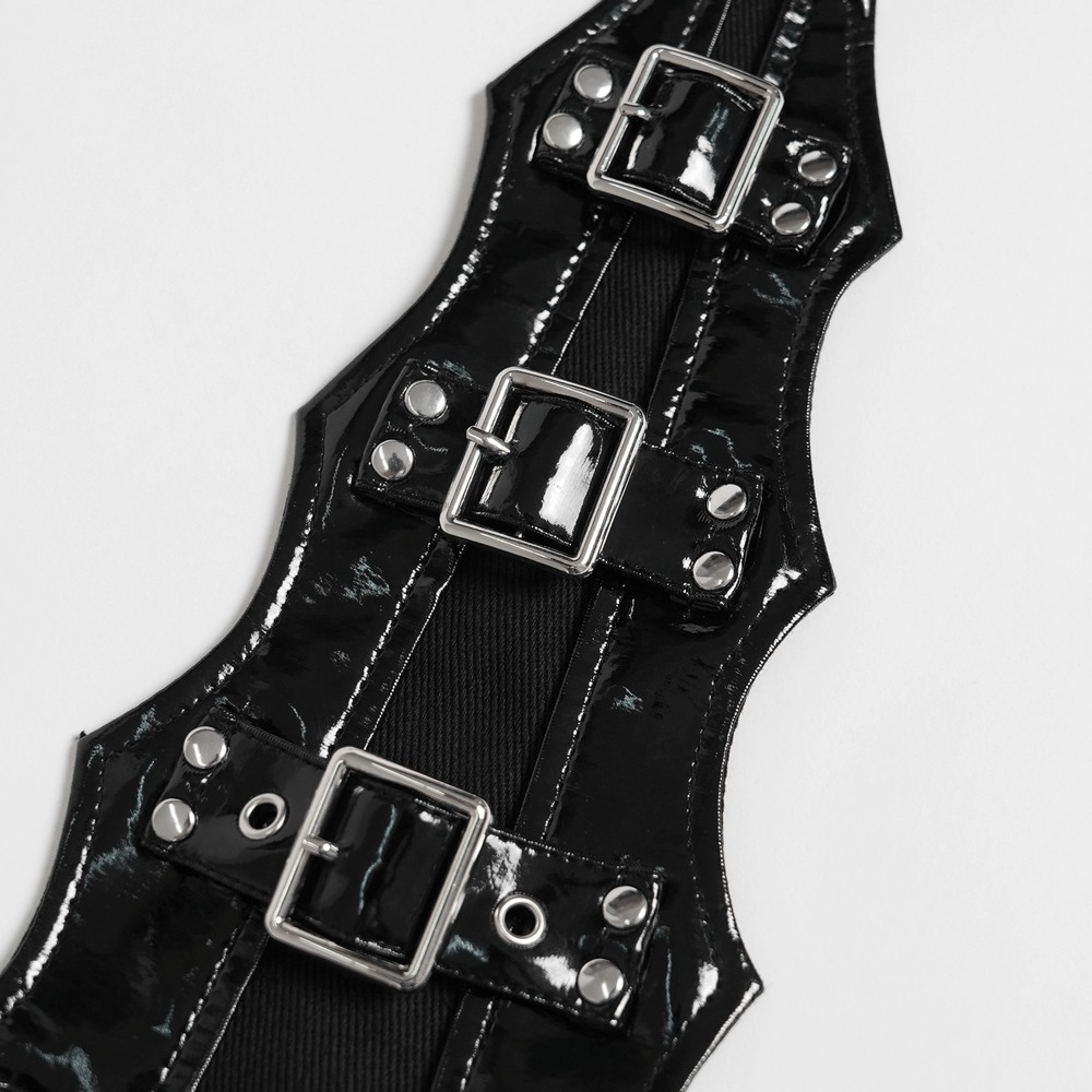 Gothic Black PU Choker with Chains and Buckle Accents featuring shiny black material and silver buckle details.