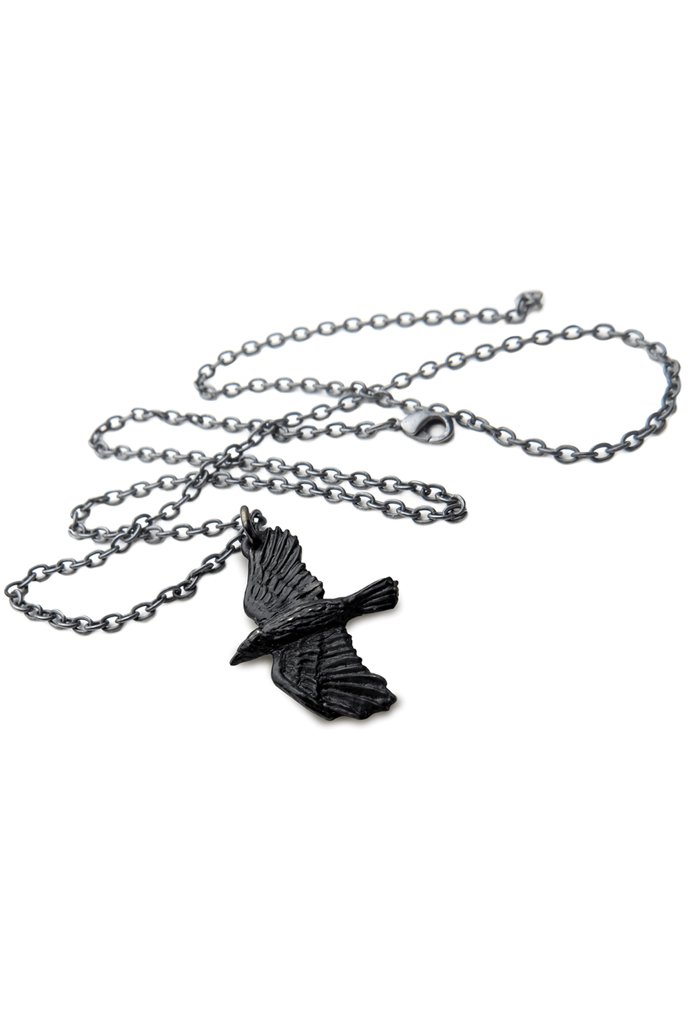 Gothic black raven pendant necklace with Norse symbolism, crafted in blackened pewter for mystical elegance.