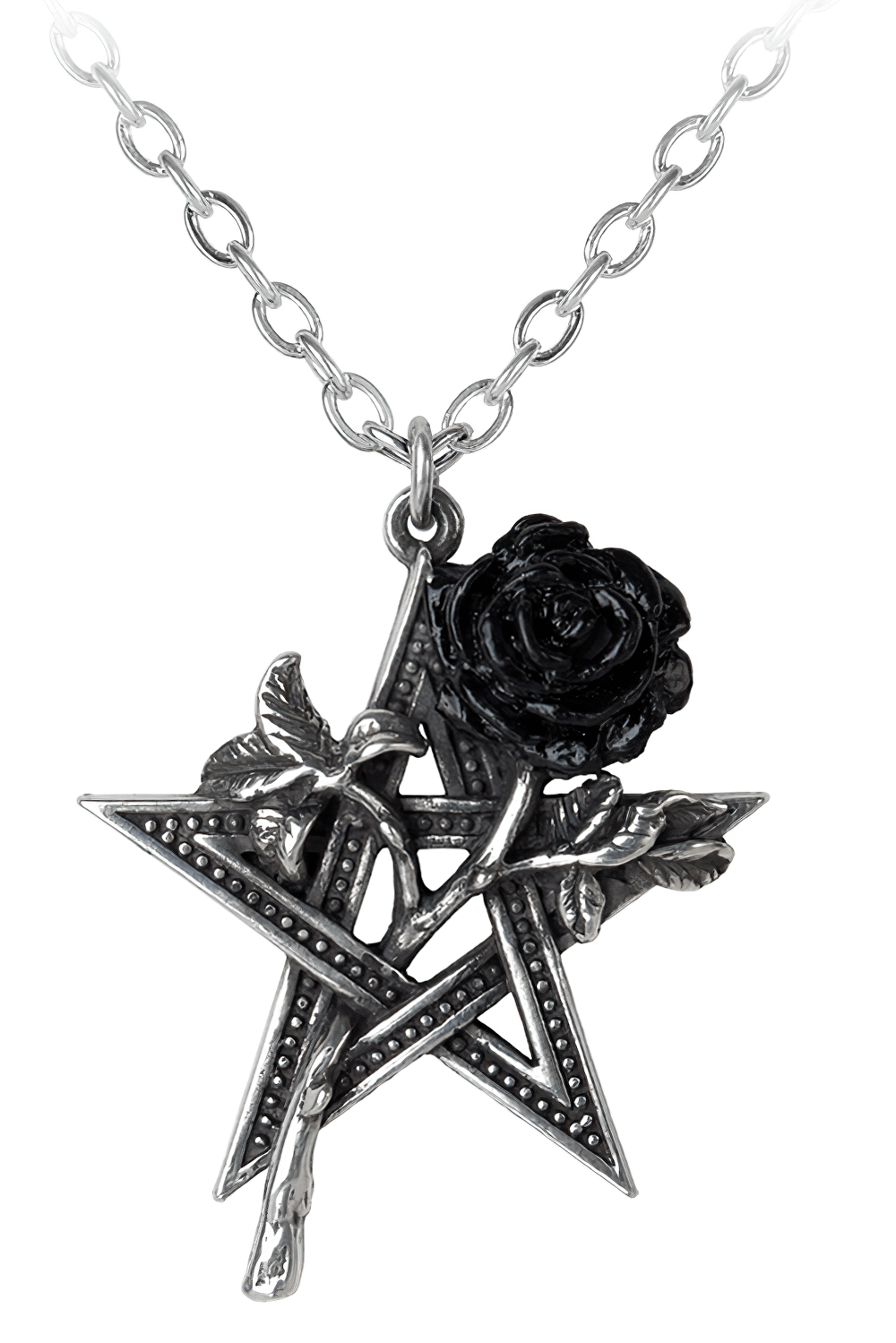 Gothic black rose and pentagram pendant symbolizing passion and spiritual balance, perfect for mystical lovers.