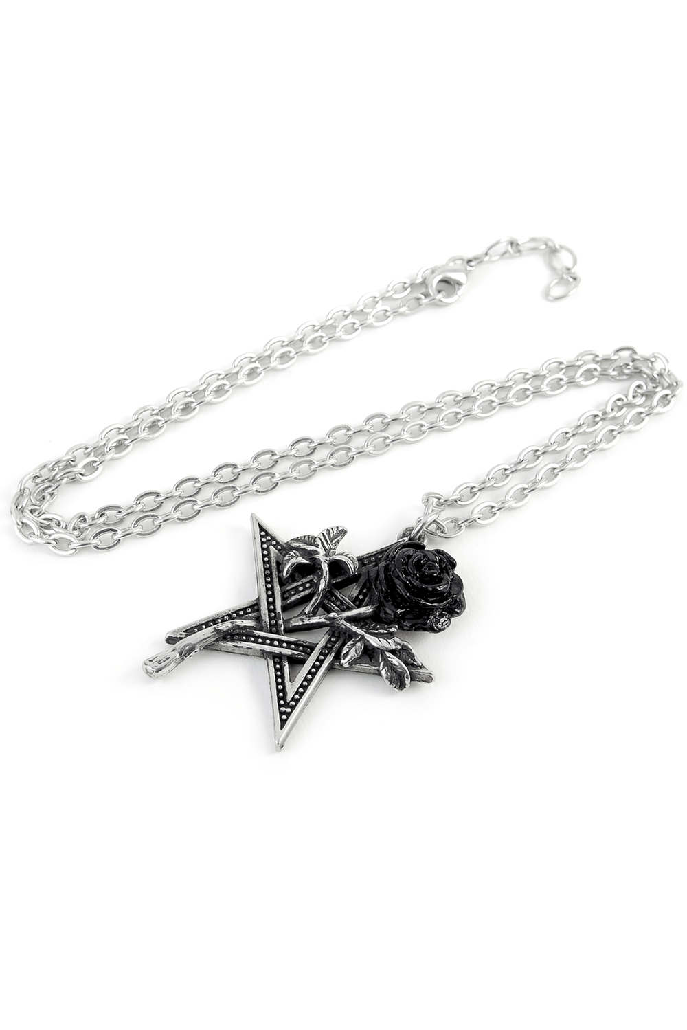 Gothic black rose and pentagram pendant necklace symbolizing passion and mystic harmony.