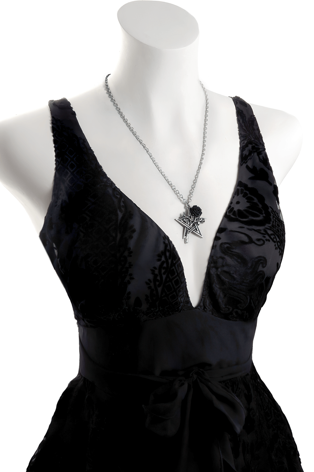 Gothic black dress with Ruah Vered pendant featuring a rose and pentagram for a dark romantic look.