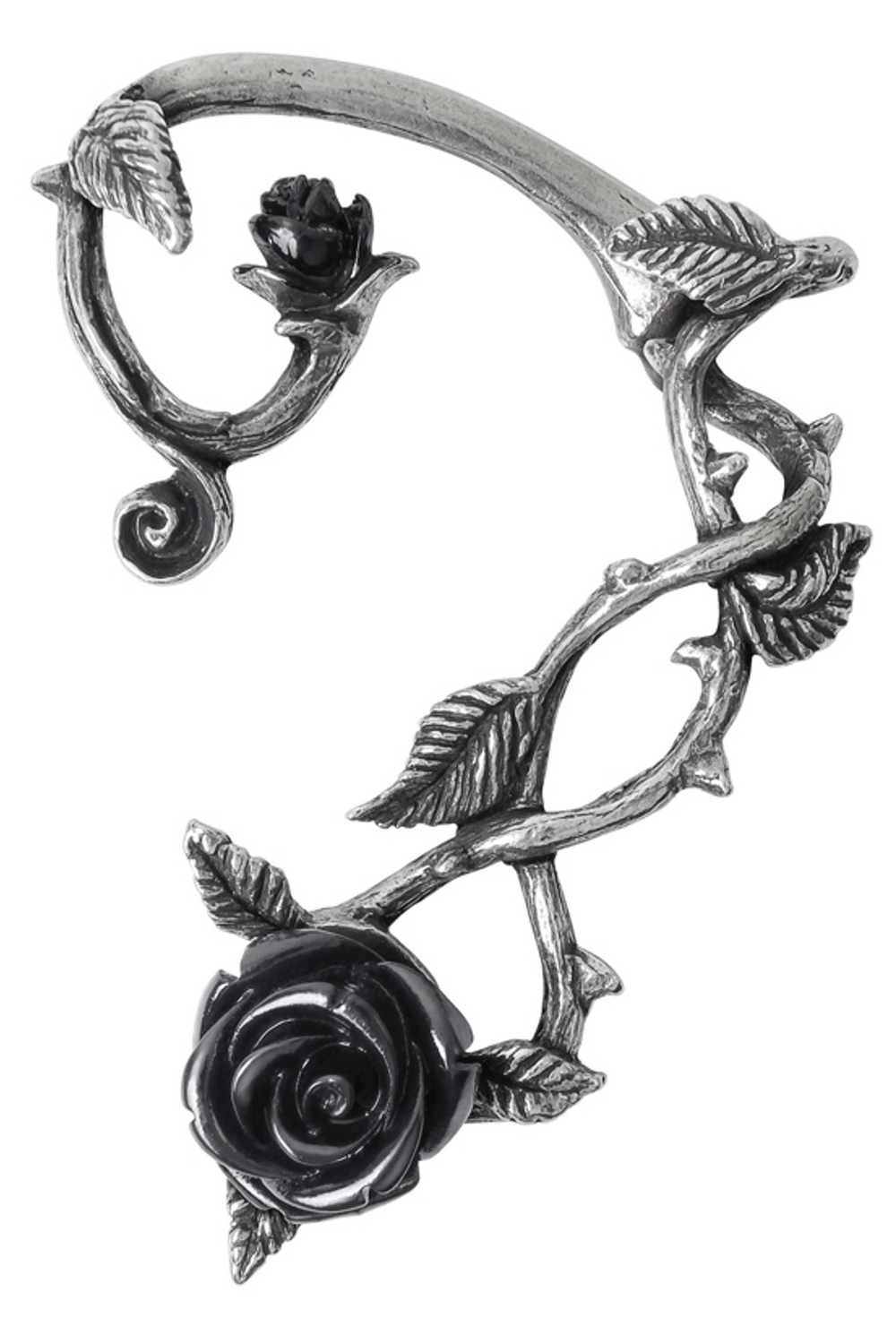 Gothic black rose ear wrap featuring polished pewter and a resin rose accent for dark romance style.