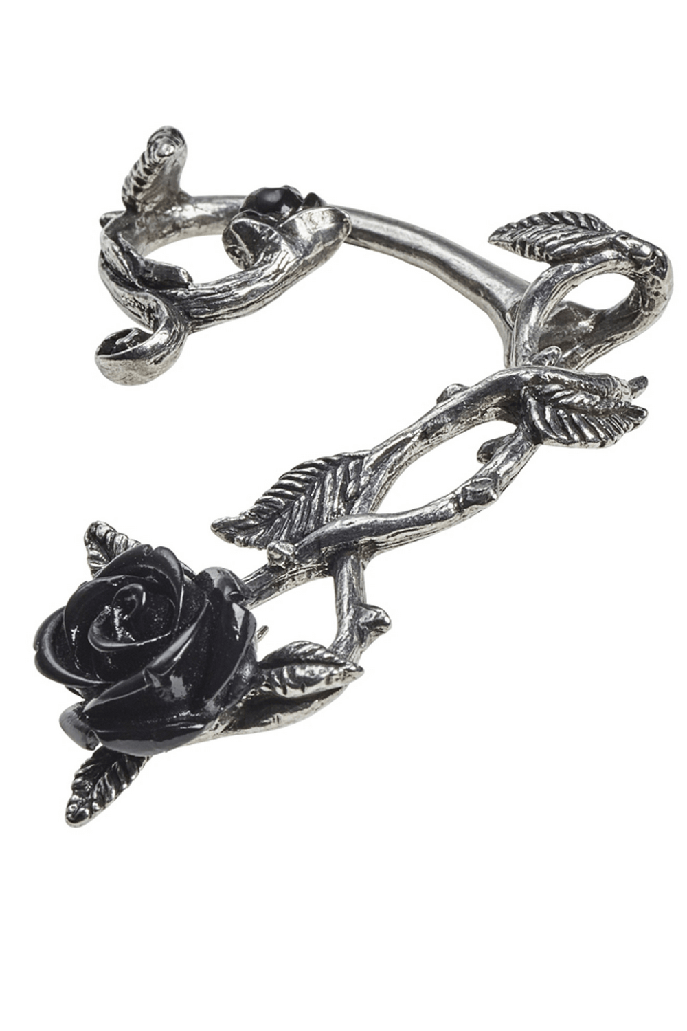 Gothic black rose ear wrap with polished pewter and resin rose, perfect for dark romance outfits.