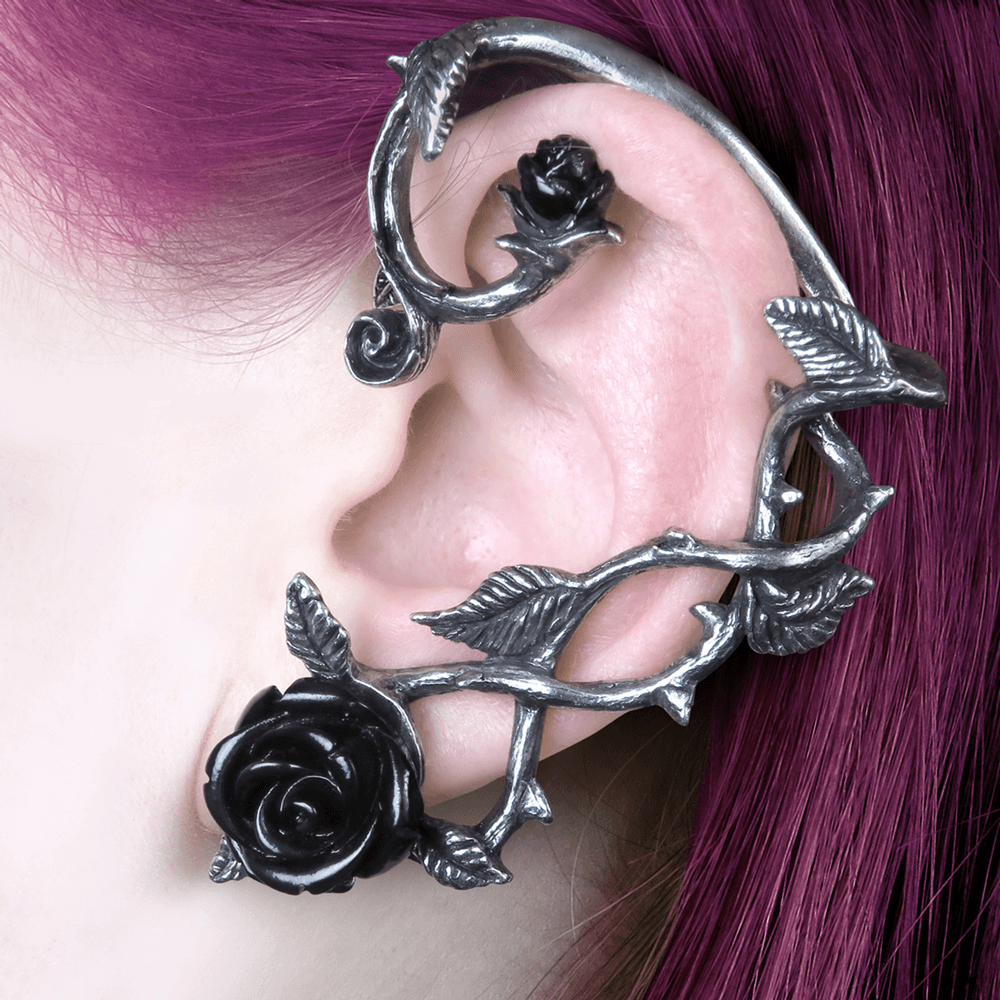 Gothic Black Rose Ear Wrap with a black resin rose and floral design, showcasing dark romance in polished pewter.
