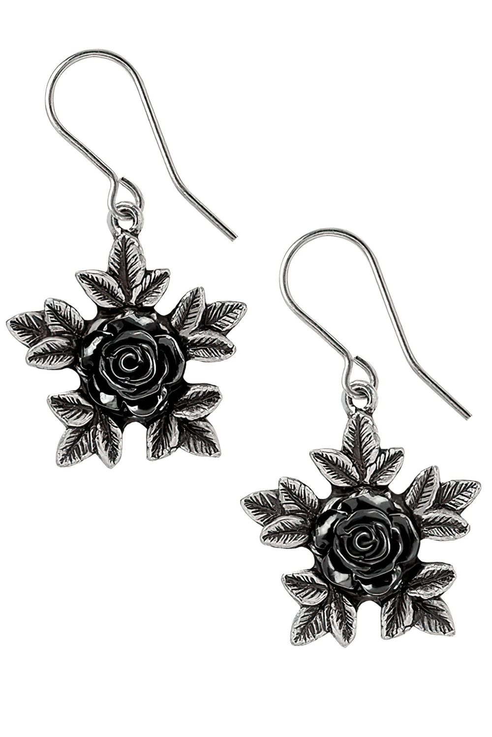 Gothic Black Rose Earrings With Witchy Floral Style featuring dark sculpted rose and pewter leaves.