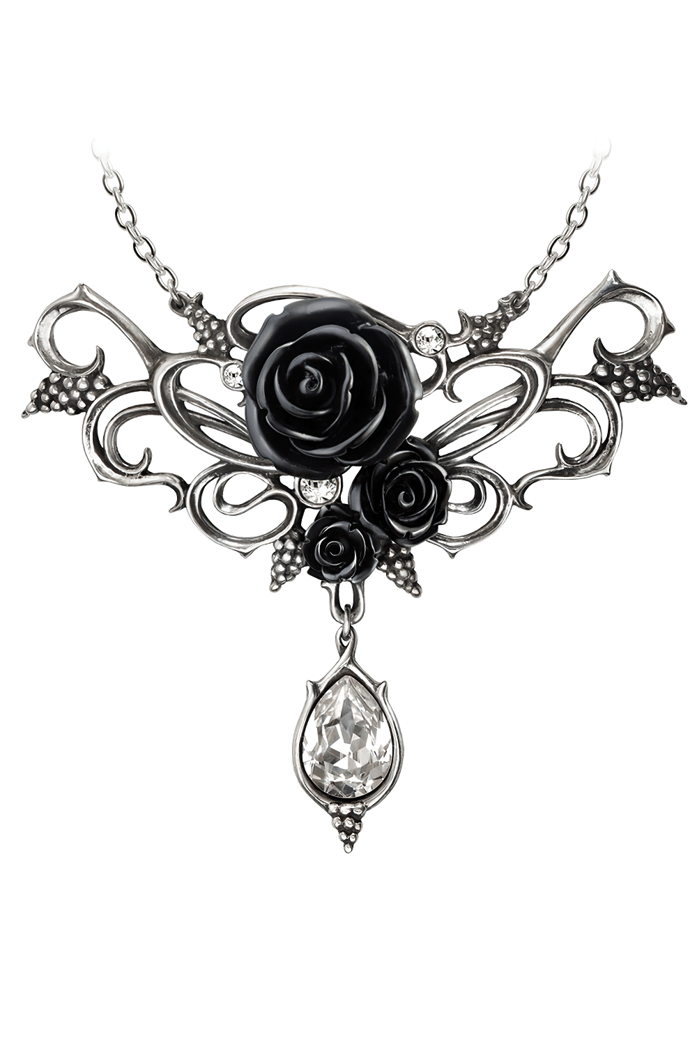 Gothic black rose necklace with teardrop crystal charm and ornate silver-tone filigree detail.