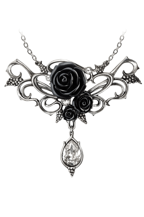Collier Rose Noire Gothique avec Pendentif Cristal en Goutte