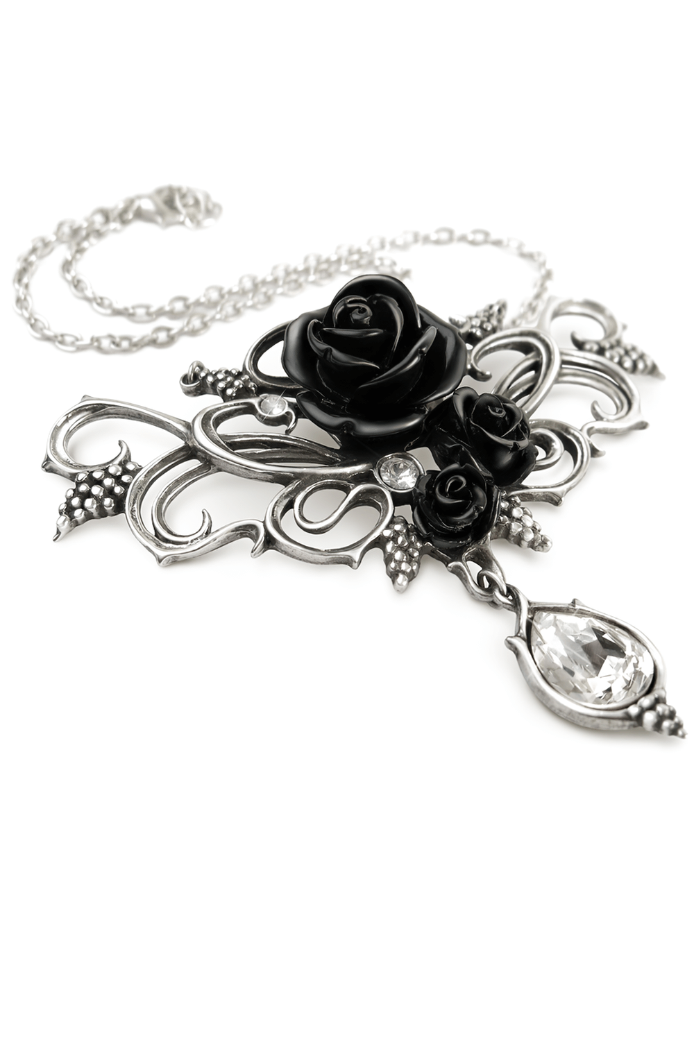 Gothic black rose necklace with teardrop crystal charm and ornate silver-tone filigree design.