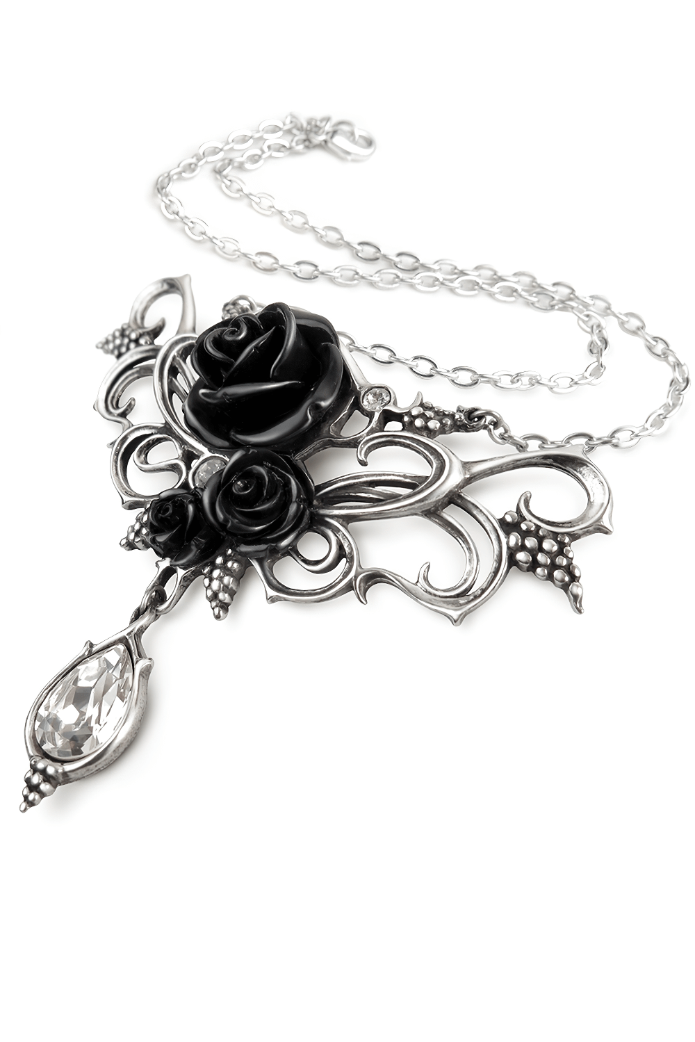 Gothic black rose necklace with teardrop crystal charm and ornate silver-tone filigree details.