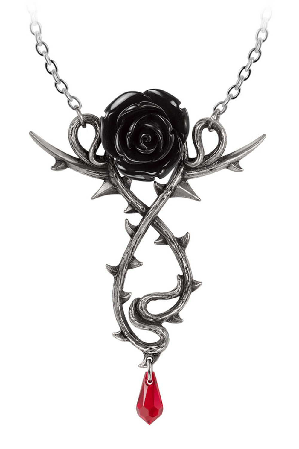 Gothic black rose necklace with thorn details and red crystal drop, embodying dark romance and passion.