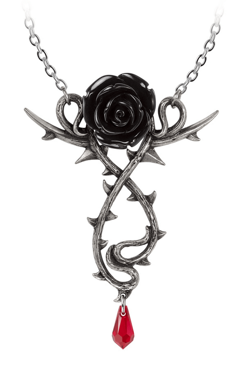 Gothic Black Rose Necklace with Thorns and Red Crystal Drop