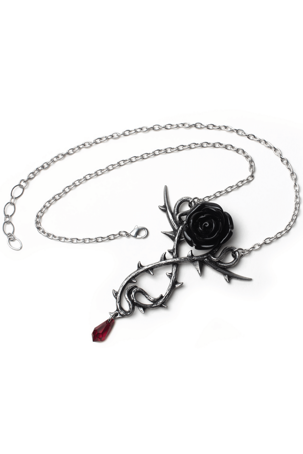 Gothic black rose necklace with thorns and red crystal drop, symbolizing dark romance and eternal love.