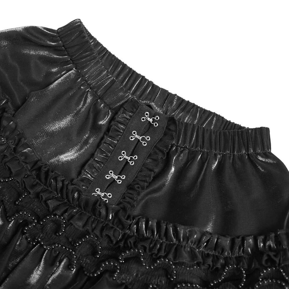 Gothic Black Ruffled Bloomer Shorts with Lace Trim, glossy Victorian-inspired black shorts with silver hook clasps and ruffles