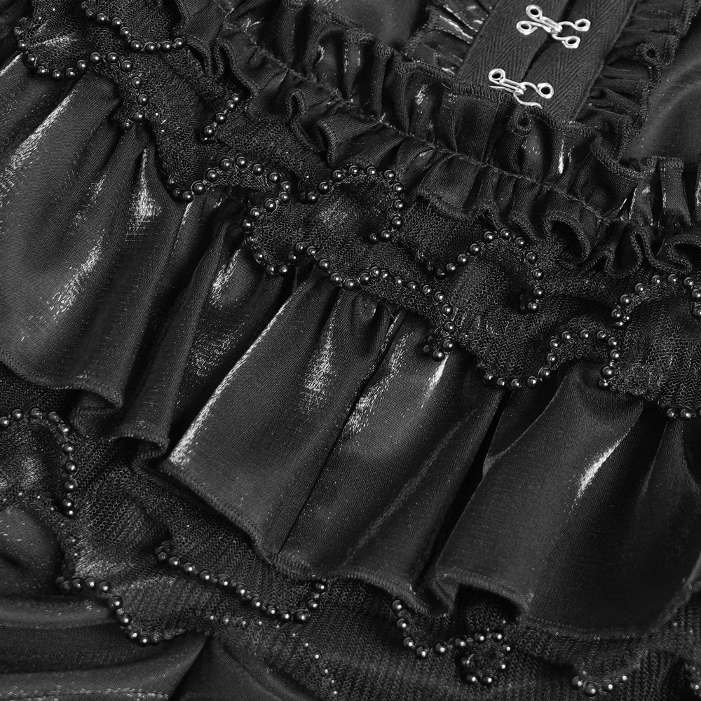 Gothic Black Ruffled Bloomer Shorts with Lace Trim, Victorian-style layered satin shorts with beaded lace and ruffles