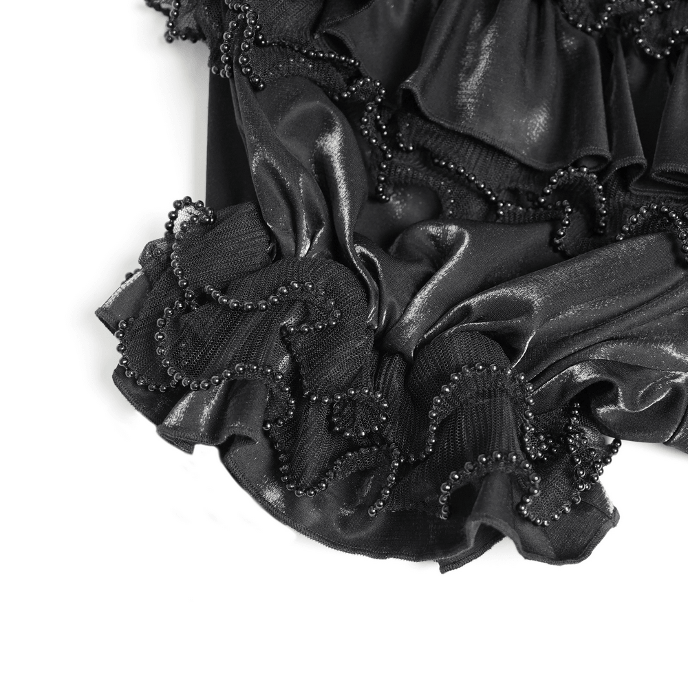 Gothic Black Ruffled Bloomer Shorts with Lace Trim, Victorian satin ruffles and beaded lace detail for dark romance style