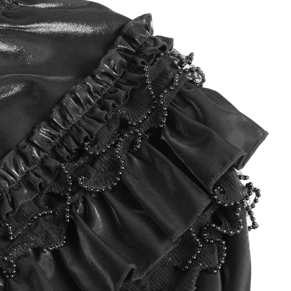 Gothic Black Ruffled Bloomer Shorts with Lace Trim, Victorian-style layered satin shorts with beaded ruffles and dark romance flair